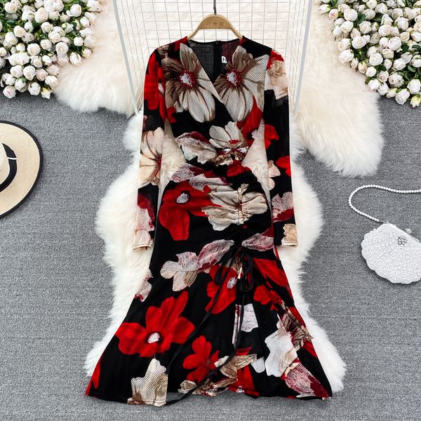 

2023 long sleeve women casual dresses spring autumn elegant floral dress festa long pleated party robe femme vintage bow vestidos, Black;gray