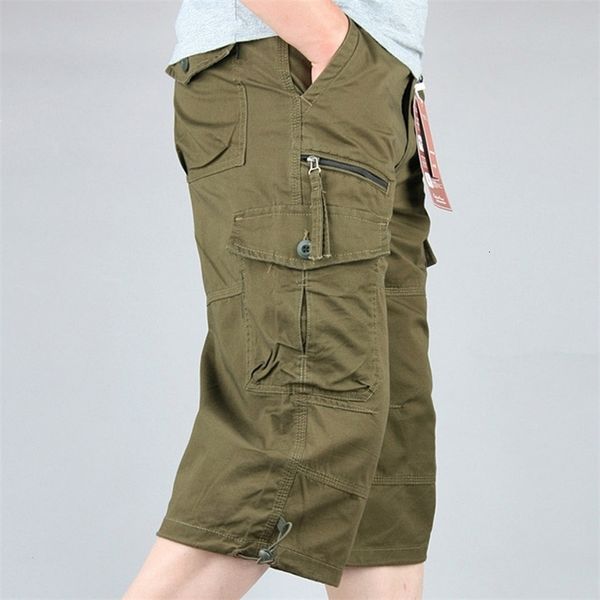 

men's shorts knee length cargo summer casual cotton multi pockets breeches cropped short trousers military camouflage 230130, White;black