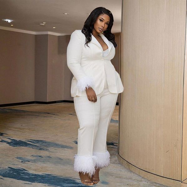 

women's plus size tracksuits elegant feather patchwork two piece set office lady long sleeve blazer pencil pants luxury women female ou, Black