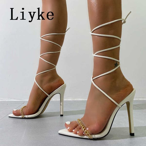 

white sandals for women fashion chain decoration pvc transparent open toe ankle lace up high heels ladies summer shoes 0129, Black