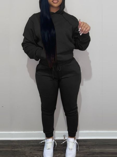 

women's plus size tracksuits lw women clothing solid color women's 2pcs tracksuit set long sleeve hooded collar two piece sets wom, Black