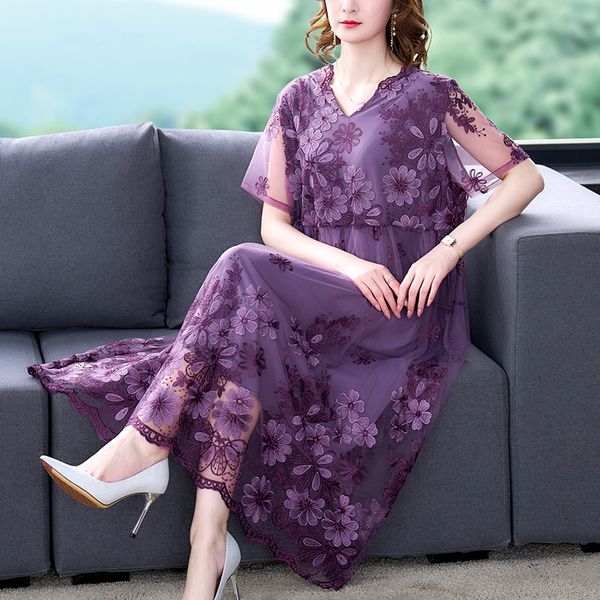 

casual dresses purple embroidery floral mesh vneck midi summer boho fashion light beach dres korean elegant loose 230130, Black;gray