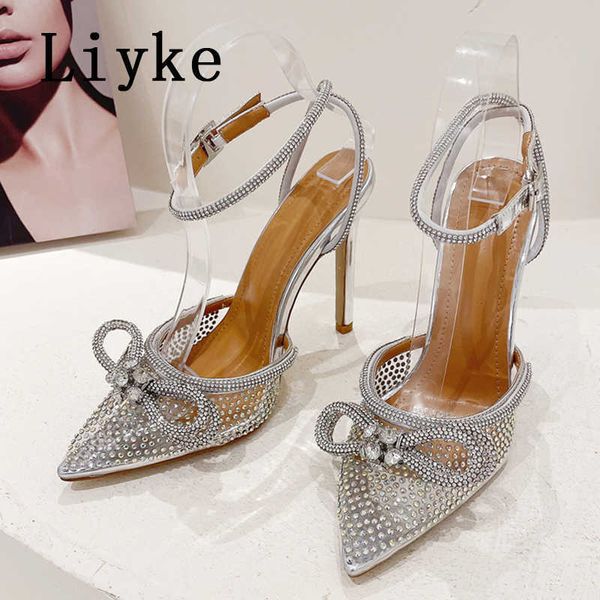 

new pointed toe women pumps high heels silver crystal bowknot transparent summer sandals party wedding shoes bride 0129, Black
