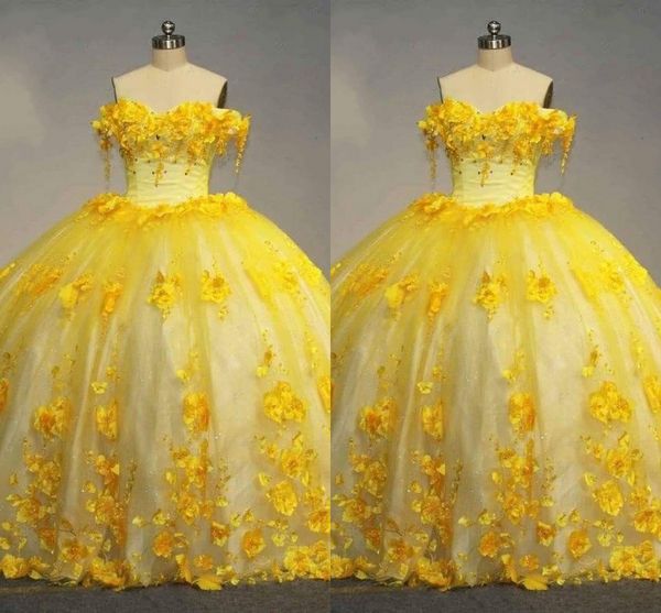 

fashion yellow floral pearls lace quinceanera dresses no train off the shoulder 3d flowers tulle pageant birthday party dress sweet 15 16 gi, Blue;red