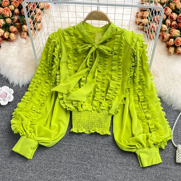 

korean fashion all-match blouse butterfly collar solid color long sleeve blusa pleated slim waist ruffles patchwork shirt 2023, White