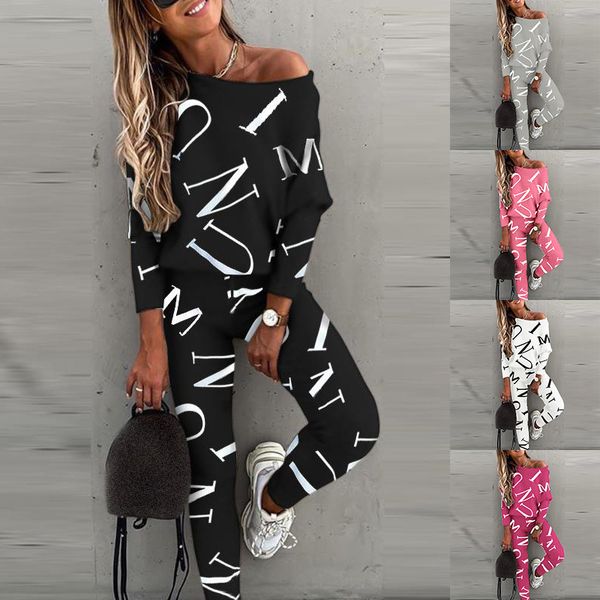 

women's two piece pants letter print sports suit long-sleeved trousers casual suit, White