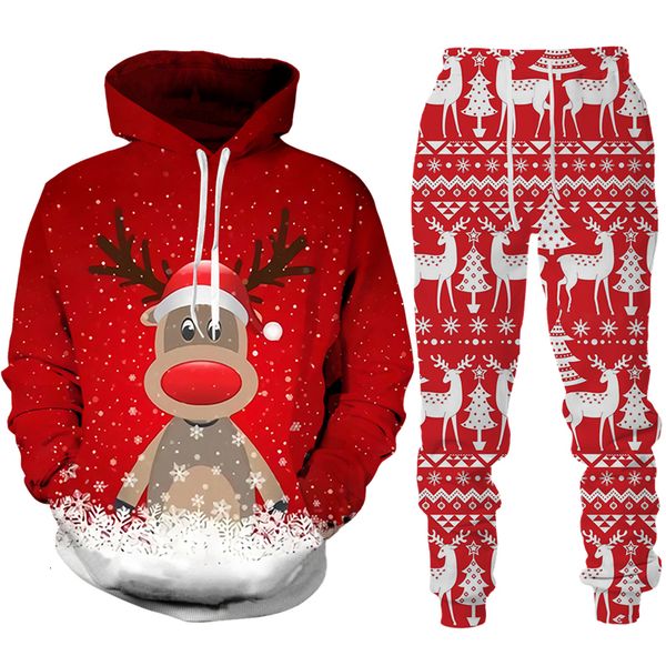 

men's tracksuits christmas cartoon elk 3d print hoodiepants set xmas couple family matching outfits funny holiday party streetwear clot, Gray