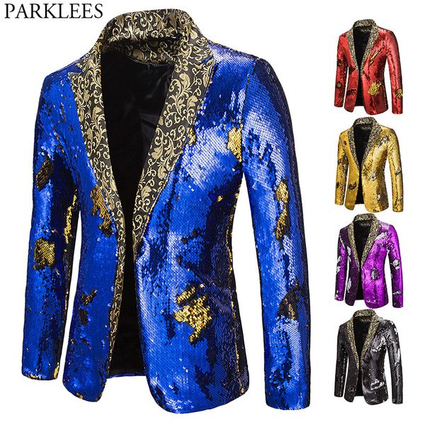 

men's suits blazers luxury royal blue sequin glitter blazer jacket men flower lapel 2 color conversion blazers mens nightclub stage sin, White;black