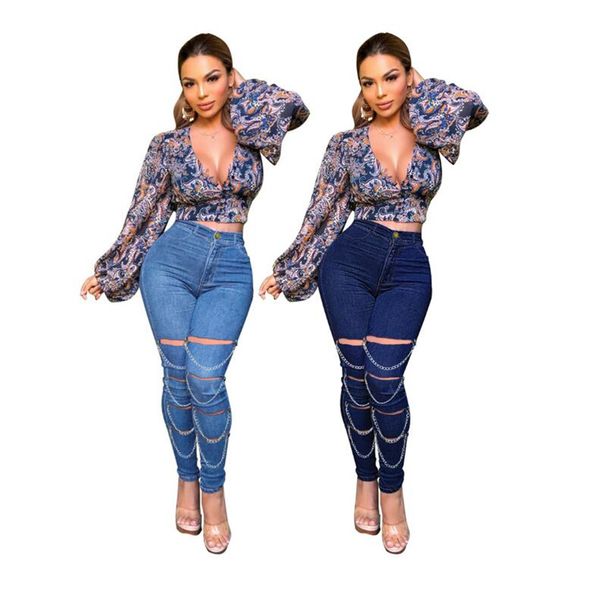 

2023 designer ripped jeans women clothes high waist denim pants casual blue chains trousers fashion stretchy slim holes pencil pant bulk who