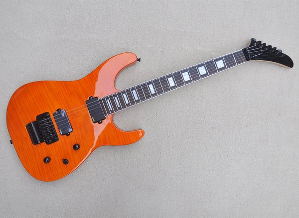 

orange electric guitar with floyd rose rosewood fingerboard flame maple veneer