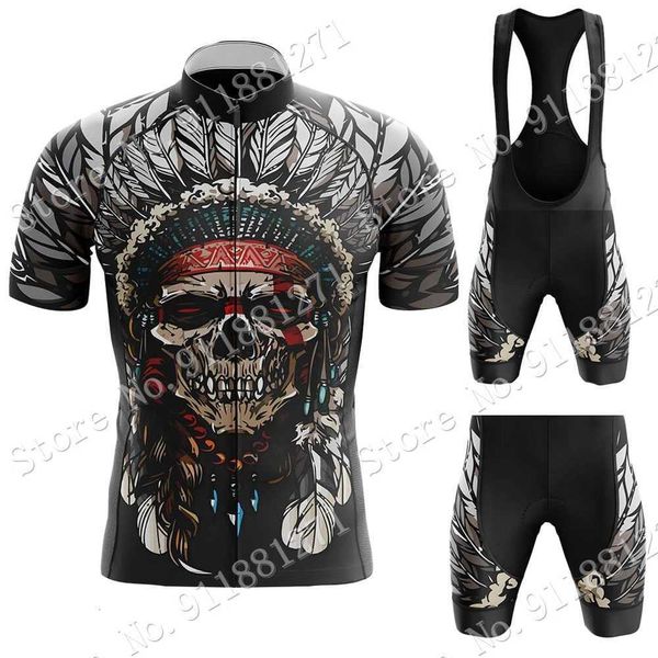 

retro cycling jersey set skull 2021 summer cycling clothing road bike suit mountain bicycle shirt bib shorts mtb ropa ciclismo, Black;red