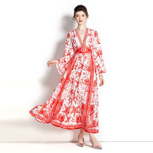 

2023 vintage fashion v-neck designer dress flare sleeve dinner women bohemian maxi dresses ladies floral print slim a-line frocks for specia, Black;gray