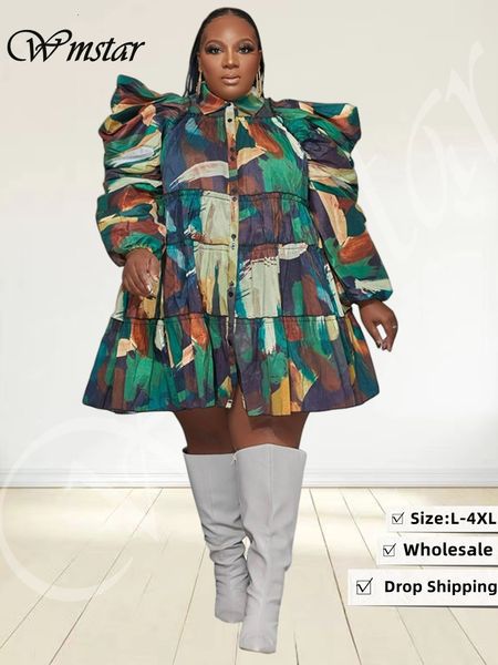 

plus size dresses wmstar size women's clothes puff long sleeve casual printed cute ball gown shirts midi dress wholesale drop 230130, Black