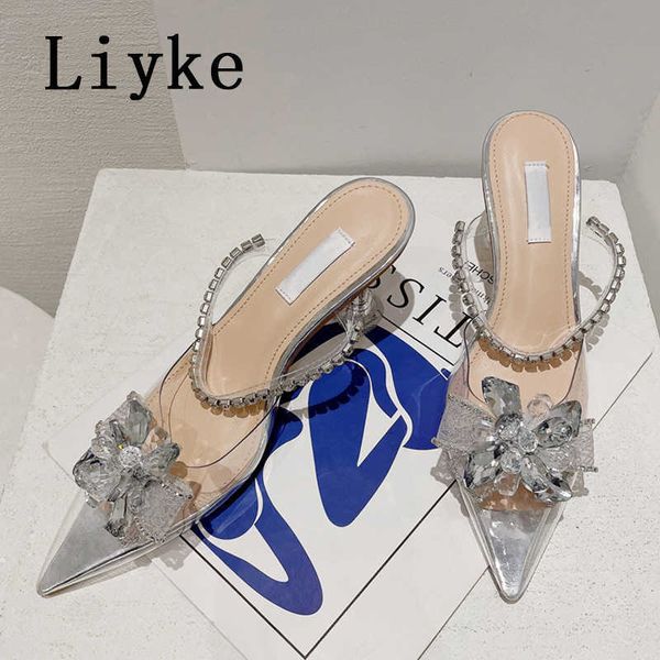 

pvc transparent shoes for women pumps fashion slip-on crystal back strap strange clear heels mules elegant party sandals 0129, Black
