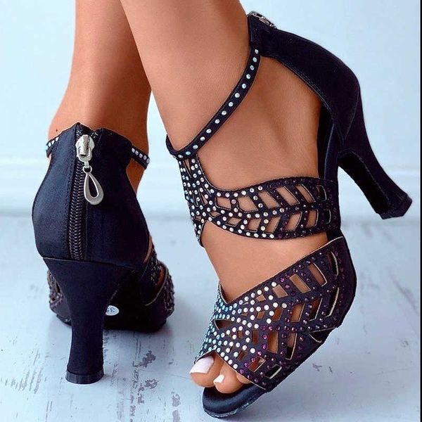 

2022 sandals peep gladiator ladies hollow out high heels summer crystal female pointed toe fashion women shoes 0130, Black