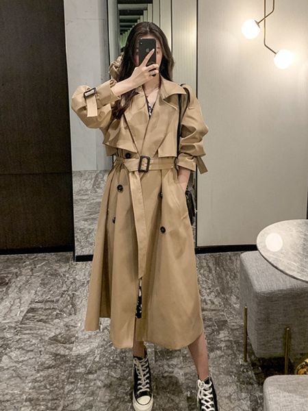 

women's trench coats winter clothes women solid color lapels double row buttons long windbreaker women's work jacket trench coat f, Tan;black