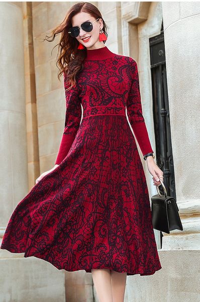 

casual dresses zuoman red autumnwinter turtle neck long sleeve cultivate one's temperament sweater knitting dress kneelength 230130, Black;gray