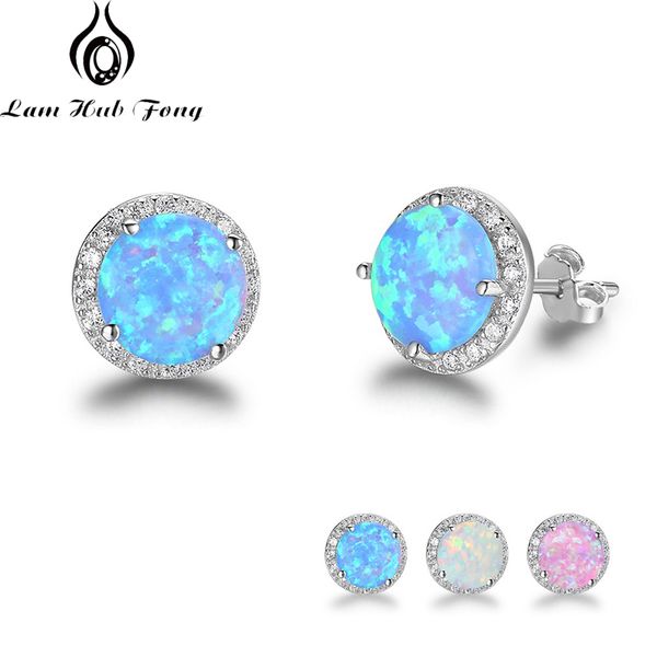 

stud classic 925 sterling silver earrings round white pink blue opal with cubic zirconia jewelry gift lam hub fong 230130, Golden;silver