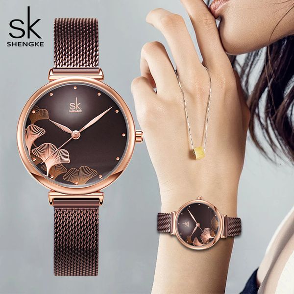 

women's watches shengke watch for women creative brown mesh band women watch japanese quartz reloj mujer fashion designer serise montre, Slivery;golden