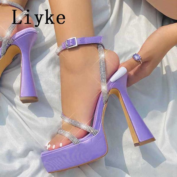 

crystal rhinestones ankle strap sandals women black 5cm platform square toe extreme high heels party wedding shoes 0129