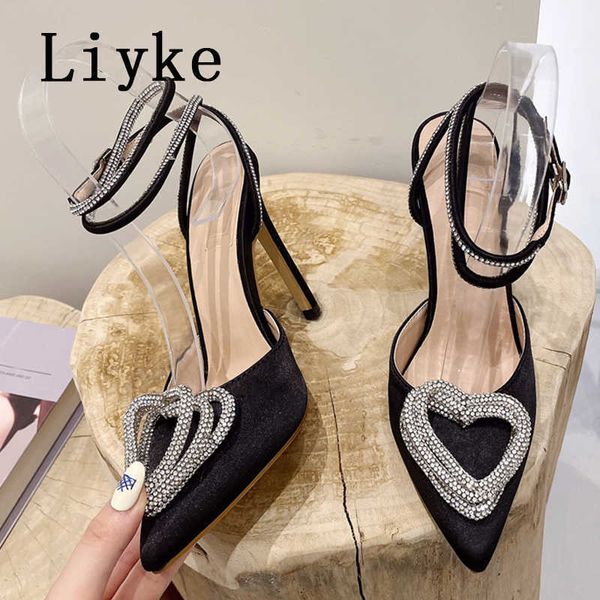 

spring autumn ladies stiletto high heels crystal heart buckle transparent pumps sandals large 43 women's shoe pink 0129, Black