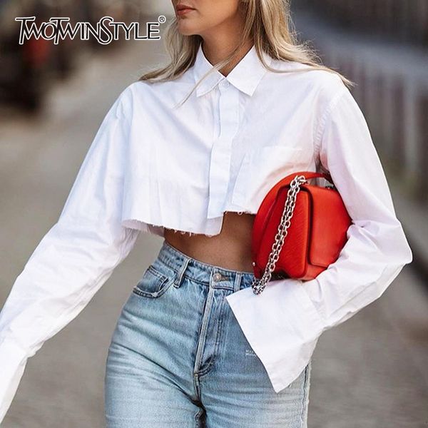 

women's blouses shirts twotwinstyle crop tassel solid color shirt for women lapel collar long sleeve loose oversized shirts female 2301, White