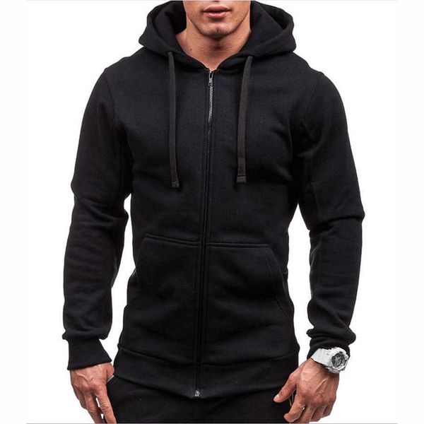 

2023 men's casual fashion solid color sweater men's long sleeve sports hooded zipper sweater, Black