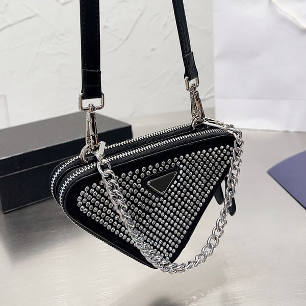 

prad timeless designer strass triangle bags mini vaity cosmetic case with silver bracelet chain handle totes leather strap crossbody shoulde