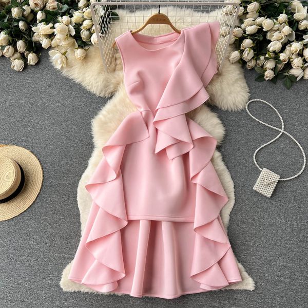 

o neck 2023 casual dresses solid color sleeveless robe femme ruffles irregular hip package slim party dresses vestidos de mujer elegant, Black;gray
