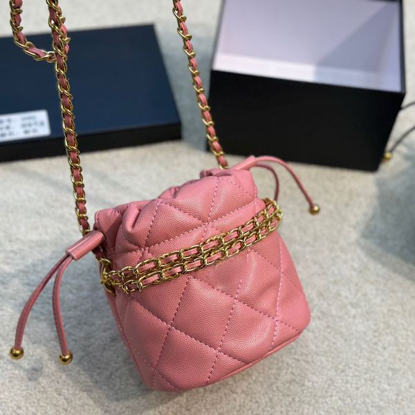 

23c french womens cowhide vanity drawstring bags black pink bucket bracelet chain handle totes gold metal hardware matelasse crossbody shoul