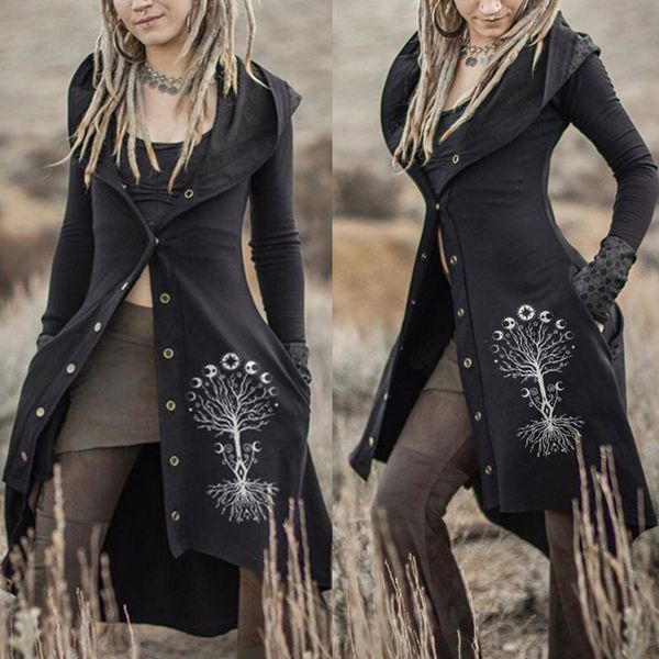

women's trench coats ladies retro tree of life print long sleeved hooded coat womens spring and autumn slim cloak long coats 230130, Tan;black