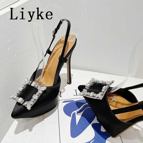

2023 new rhinestones women pumps crystal buckle satin summer platform high heels party prom shoes stiletto sandals ladies 0129, Black