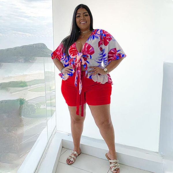 

women's plus size tracksuits summer matching sets conjuntos cortos short set v neck print casual in ensembles assortis grande taille ku, Black