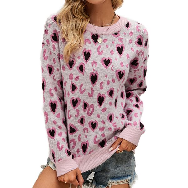 

crew neck pullover women's sweaters lady cute little sweetheart pattern knitted blouse with regular regular long sleeves rib stiches c, White;black