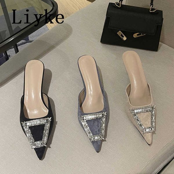 

summer women mules slippers fashion crystal buckle pointed toe shallow low thin heels slides shoes ladies pumps sandals 0129, Black