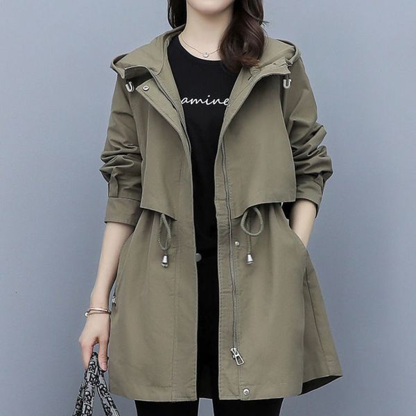 

women's trench coats spring and autumn women's mid-length trench coat hooded zipper tie-in jackets british style loose coats women, Tan;black