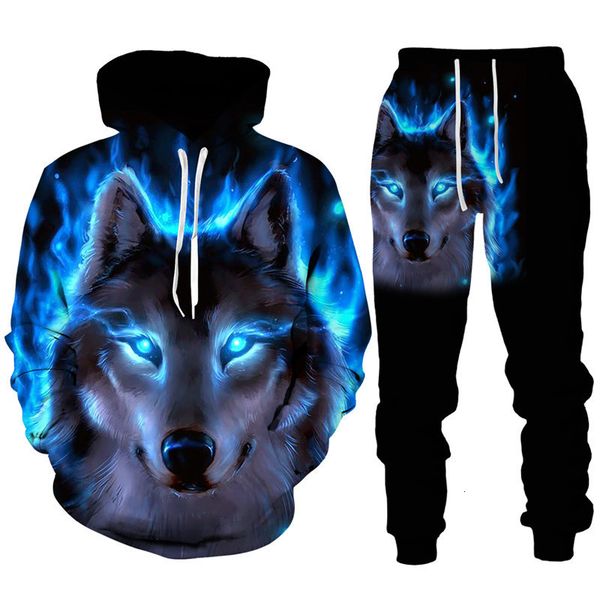 

men's tracksuits fashion wolf animal 3d print men's hoodie/set casual long sleeve hoody sweatshirtpants suit harajuku couple stree, Gray