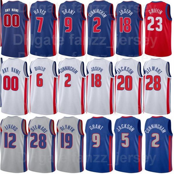 

screen printed basketball cade cunningham jersey 2 jerami grant 9 killian hayes 7 saddiq bey 41 cory joseph 18 hamidou diallo 6 te251v, Black;red