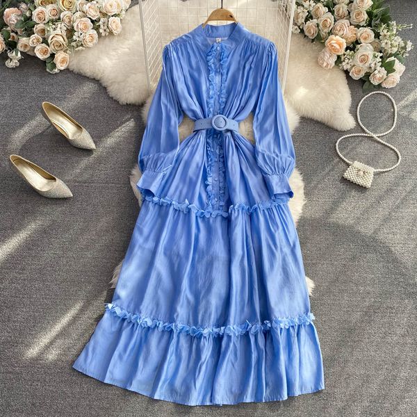 

french style autumn long dress runway women's stand collar lantern sleeve single breasted petal trims belt party vestidos 2023, Black;gray
