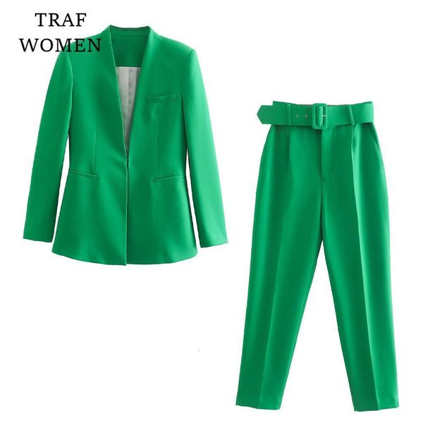 

womens suits blazers traf spring autumn coats green solid color lined belted down lapel long female blazer chic mujer jackets 230130, White;black