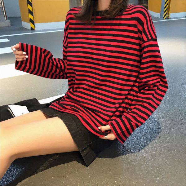 

women's tshirt simple loose casual striped tshirt 2023 fall oneck long sleeve all match office lady autumn tees ropa mujer 230130, White