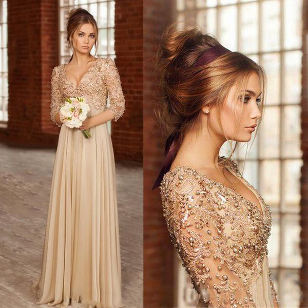 

vintage long sleeves lace chiffon evening dress with beads pearls v neck a line party prom party gowns mother of the bride gowns, Black;red