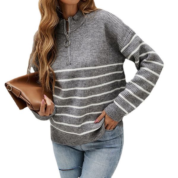 

half zipper collar knitting women's sweaters loose warm fashion striped knitted poly-cotton pullover lady casual blouse with rugular l, White;black