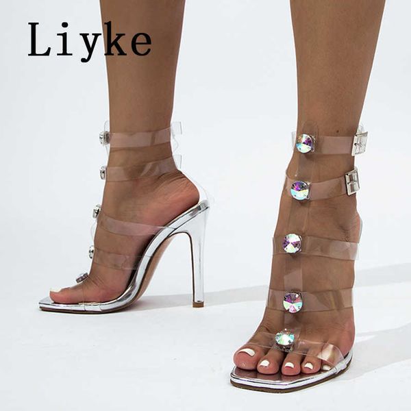 

pvc transparent ankle strap sandals for women fashion color crystal rhinestone high heels summer party wedding shoes bride 0129, Black