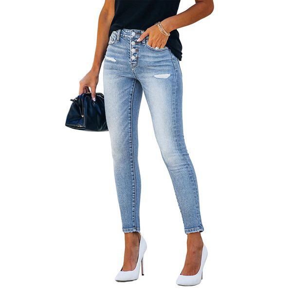 

women jeans hole high waist skinny stretch ripped jeans destroyed denim pants, Blue