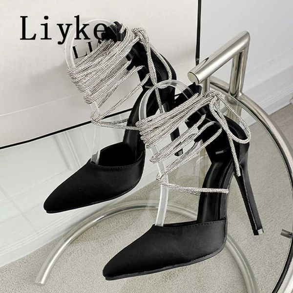 

new brand fashion rhinestones high heels women crystal cross lace up stiletto sandals summer pointed toe shoes pumps lady 0129, Black