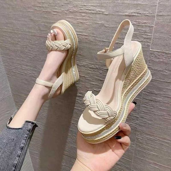 

2022 summer new sandals fashion wedge platform ladies shoes korean thick bottom weave one word buckle high heels sandalias 0130, Black
