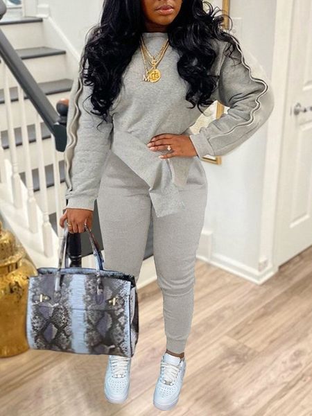 

women's plus size tracksuits lw line stitching asymmetrical pants set two piece sets long sleeve u neck solid color casual womens outif, Black