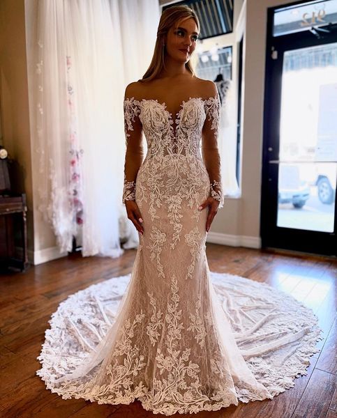 

2023 african mermaid wedding dresses champagne jewel neck illusion lace appliques long sleeves vestidos de novia formal bridal gowns plus si, White