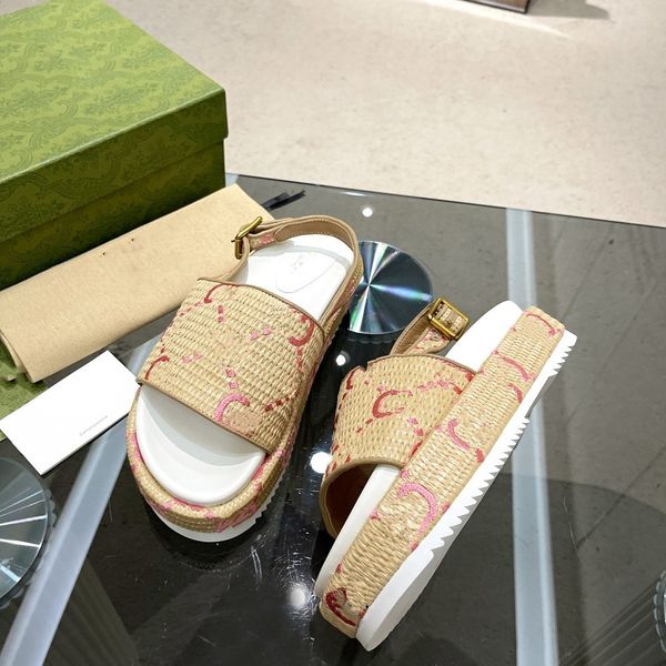 

embroidery straw sandals women slingback slides slip on platform sandal shoes lady girls 35-45 small big size high heels thick bottom slippe, Black